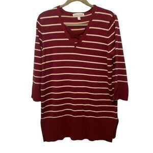 Fashion Ave Womens Sz L Red White Striped 3/4 Sleeve Knitted Sweater